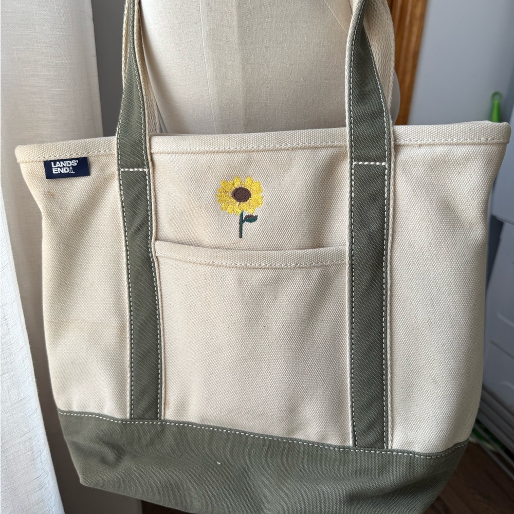 Lands' End Canvas Tote with Sunflower Embroidery